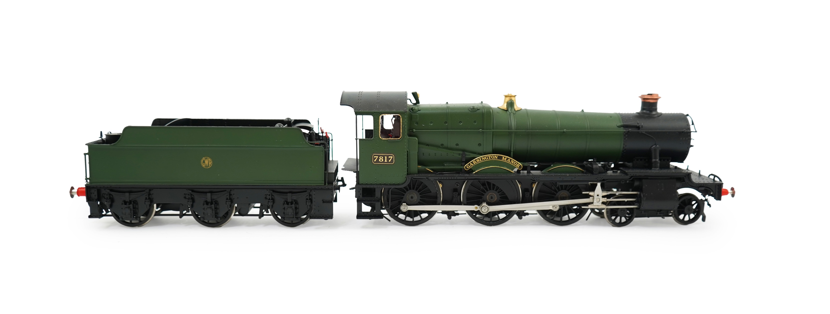 An 0 Gauge model of GWR Manor Class, Garsington Manor 7817, 4-6-0 tender locomotive, powered for two rail operation.